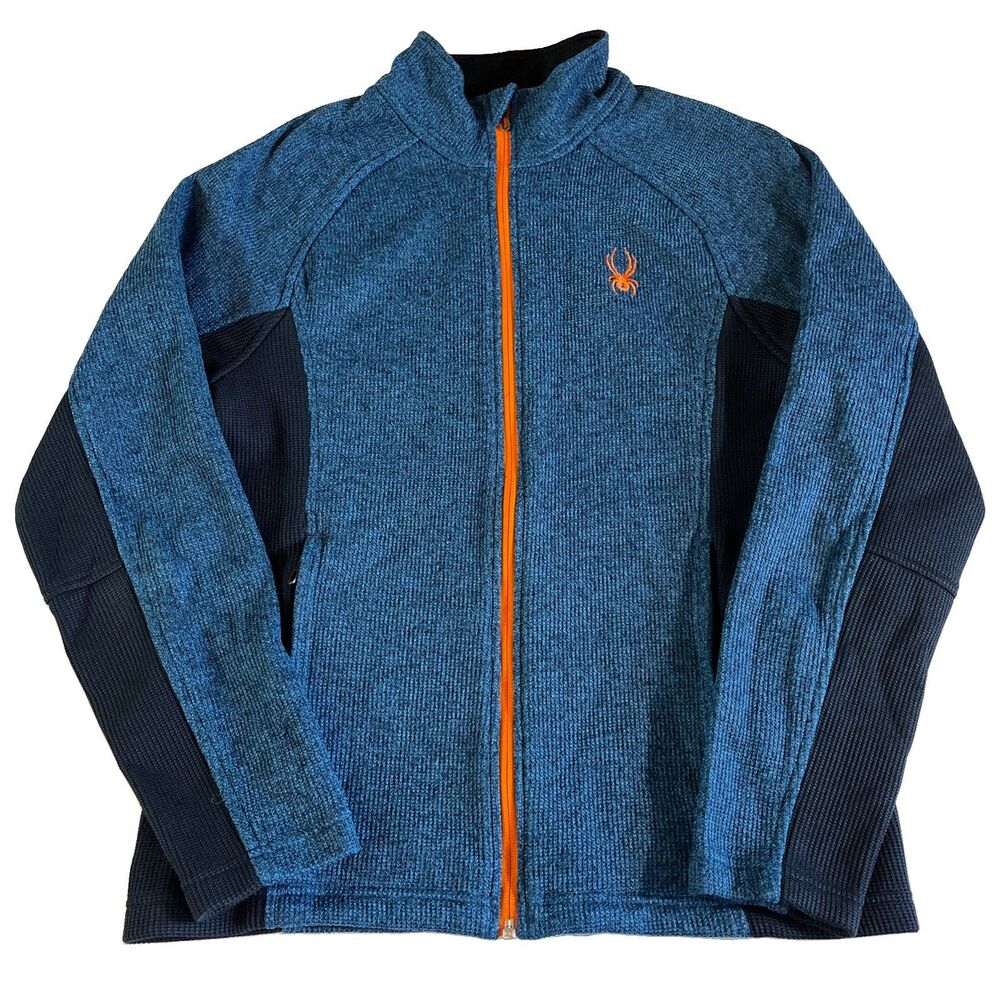 Spyder Waffle Knit Full Zip Jacket Mens M Blue Navy Orange Stretch Pockets Logo